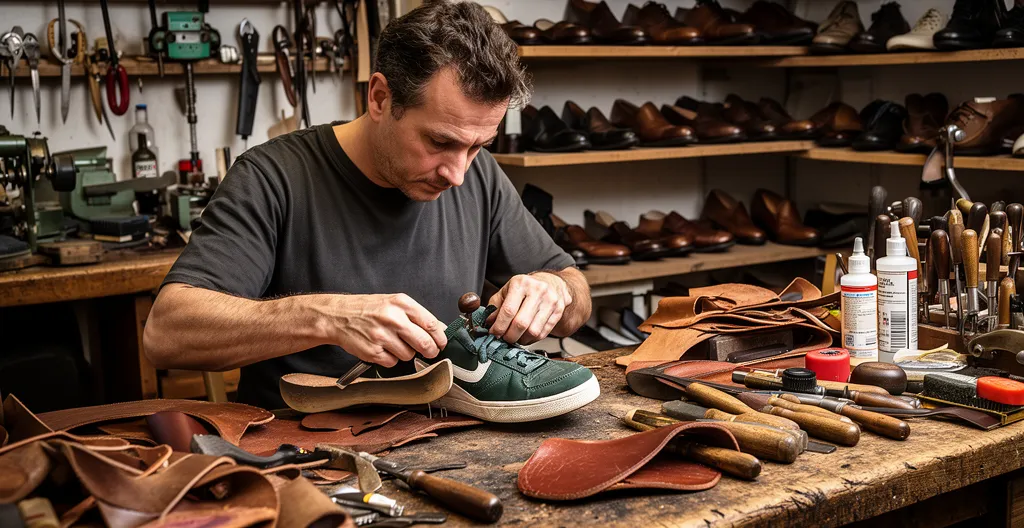 Artisan travaillant sur semelle de basket dans atelier traditionnel