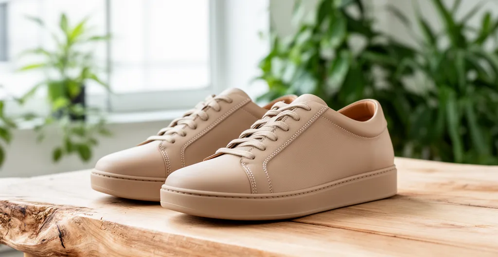 Paire de baskets en cuir posées sur surface en bois naturel, détails de couture visibles