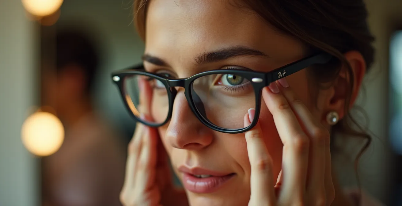 Mains ajustant délicatement des lunettes Ray-Ban devant un miroir